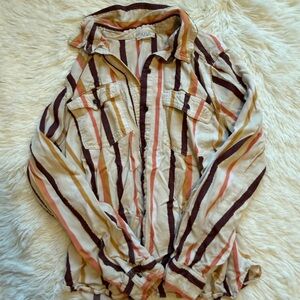 Ana Beige, Brown, Coral, & Yellow Striped Cotton Button Down Size Small